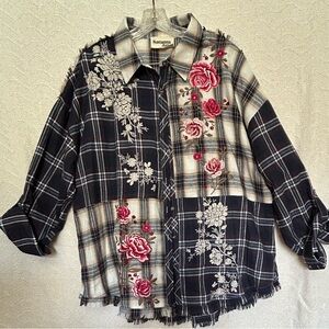 Navy Blue And Cream Plaid With Embroidered Pink Roses